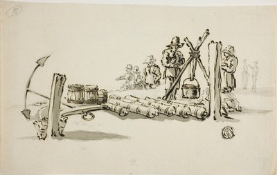Hombres con cañones, barriles de pólvora y un ancla de Willem van de Velde I
