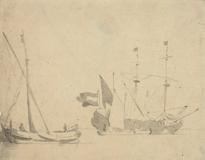 Un boeier en un muelle y un barco holandés anclado, c.1665 (aguada gris) de Willem van de Velde the Younger