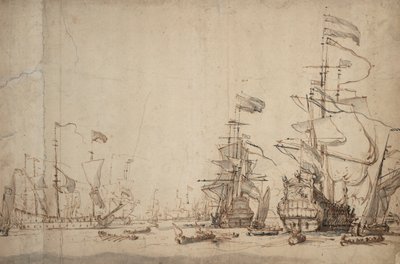 ¿Un consejo de guerra en la flota holandesa Mayo de 1665, c.1674 (pluma, tinta marrón, aguada gris) de Willem van de Velde the Younger
