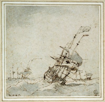 Un buque insignia (abanderado), acelerando para escapar de la tormenta. Dibujo de Willem van de Velde el Joven (1633-1707), realizado hacia 1700. de Willem van de Velde the Younger