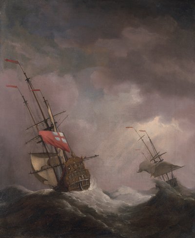 Un barco inglés en el mar corriendo en un vendaval de Willem van de Velde the Younger