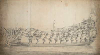 Retrato del "Grafton", de tercera clase, construido en 1679 y reconstruido en 1700, c.1680 (grafito, aguada gris) de Willem van de Velde the Younger