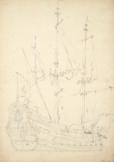 Retrato del "Groeningen". Construido en 1641. 48 cañones. Fletado por Dinamarca en 1666-1667 y no se menciona desde entonces. También llamado "Stad Groeningen", "Wapen van Groeningen" y "Zwarte Arend", c.1666 (offset, grafito). de Willem van de Velde the Younger