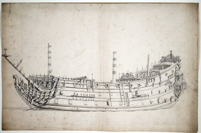Retrato del navío "Triumph" (o "Saint George"), de 70 cañones, construido en 1623, con una figura principal que representa a Neptuno y dos caballitos de mar, con tres cubiertas completas. de Willem van de Velde the Younger