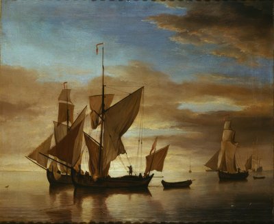 Barcos en mar tranquilo al atardecer de Willem van de Velde the Younger