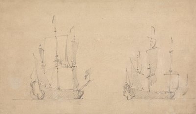 Vista de cuarto de estribor de un buque insignia con poco viento y vista similar de otro. de Willem van de Velde the Younger