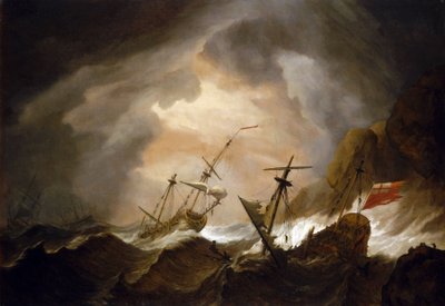 Dos barcos británicos naufragan en la tormenta cerca de una costa rocosa. Óleo sobre lienzo, hacia 1700, de Willem van de Velde (1633-1707). de Willem van de Velde the Younger