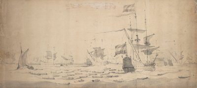 Una flota holandesa tendida en la brisa: un consejo de guerra, c.1665 (grafito, aguada gris) de Willem van de the Elder Velde