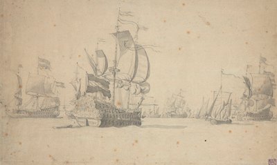 Escuadra holandesa formando línea de batalla, mayo de 1672, c.1672 (lápiz, aguada) de Willem van de the Elder Velde