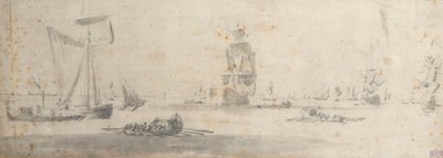 Un galliot con viento ligero y varias barcazas, c.1681 (grafito, aguada gris) de Willem van de the Elder Velde