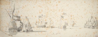 Un yate de los Estados y barcos holandeses anclados, c.1664 (grafito, aguada gris) de Willem van de the Elder Velde