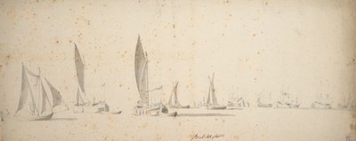 Un barco de tiro, wijdschips y waterschips en una ligera brisa, c.1664 (grafito, aguada gris) de Willem van de the Elder Velde