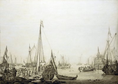 Una variedad de barcos en un puerto abarrotado, esta pintura se asocia históricamente con el viaje de Carlos II de Inglaterra (1630-1685) a La Haya (Holanda) en 1660, durante la restauración de su poder sobre el trono inglés de Willem van de the Elder Velde
