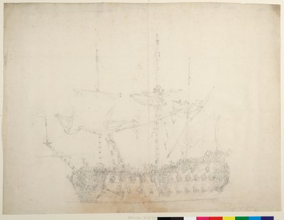 Barco inglés de tercera clase de 60 cañones visto desde proa cerrada, c.1673 (offset) de Willem van de the Elder Velde