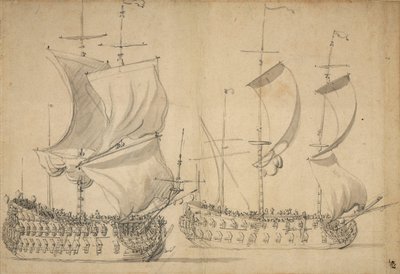 Un inglés de tercera y cuarta clase a vela fácil, c.1677 (lápiz, aguada) de Willem van de the Elder Velde