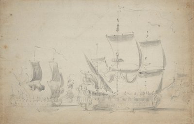 Un dos pisos inglés a vela fácil, c.1675 (lápiz, aguada) de Willem van de the Elder Velde