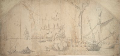 Un yate inglés fondeado enrollando velas de Willem van de the Elder Velde