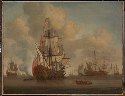 Calma: un barco inglés de dos pisos con las velas desplegadas disparando una salva. de Willem van de the Elder Velde
