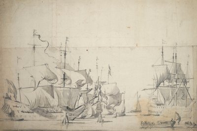Barcos de combate holandeses secando velas, c.1658 (grafito, aguada gris) de Willem van de the Elder Velde