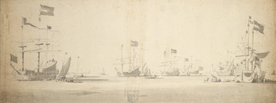 Buques insignia holandeses anclados con barcos al costado, c.1664 (grafito, aguada gris) de Willem van de the Elder Velde