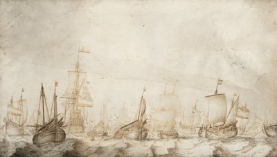 Pesqueros holandeses de arenques en el Mar del Norte. Dibujo a tinta y aguada (27,4x47,6 cm) de William van de Velde el Viejo (hacia 1611-1693), hacia 1650. de Willem van de the Elder Velde