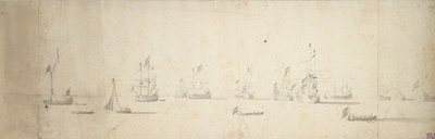 Barcos holandeses anclados frente a tierra, c.1664 (grafito, aguada gris) de Willem van de the Elder Velde