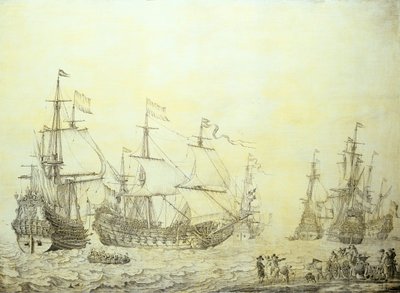 Barcos holandeses fondeando cerca de la costa de Willem van de the Elder Velde