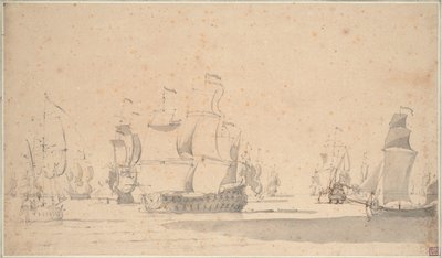Barcos ingleses, un ketch y un galliot en una brisa ligera, ¿junio de 1673, c.1673 (lápiz, aguada, pluma, tinta marrón) de Willem van de the Elder Velde