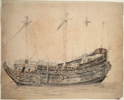 Retrato del "Vrijheid", buque de 50 cañones del Almirantazgo de Amsterdam, construido en 1651 y volado en combate en 1676, c.1653 (grafito, aguada gris, pluma marrón, tinta) de Willem van de the Elder Velde