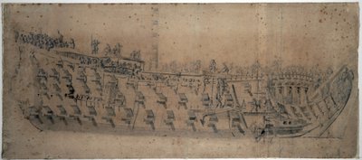 Retrato del navío "London", construido en 1670, barco de primera clase con 96 cañones. Dibujo y temple hacia 1676, por Willem van de Velde l