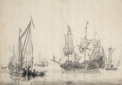 Veleros y una fragata holandesa secando sus velas. Dibujo y aguada (26x37 cm), por William van de Velde l