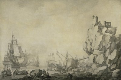Barcos y milicia en una costa rocosa, c.1680 de Willem van de the Elder Velde