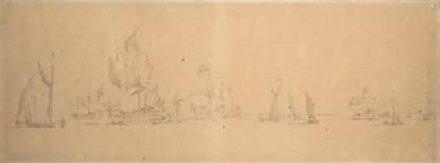 La flota holandesa en los aires ligeros, c.1666 (grafito, aguada gris) de Willem van de the Elder Velde