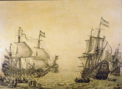 El barco holandés "Oosterwijk", abandonando la costa, se describe desde dos ángulos. Grisalla sobre madera de Willem van de the Elder Velde