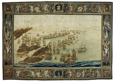 El tapiz de Mortlake (distrito de Londres, Inglaterra) representa el incendio del "Royal James" durante la batalla de Solebay, el 28 de mayo. de Willem van de the Elder Velde
