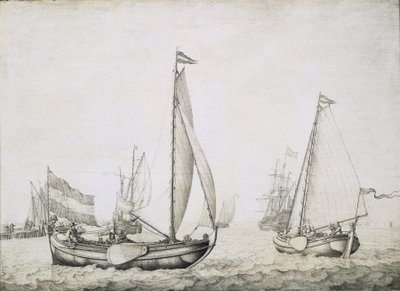 Dos barcos holandeses en la salida, probablemente en el puerto de Amsterdam (Holanda). Grisalla sobre madera, hacia 1660, por Willem van de Velde (1611-1693). de Willem van de the Elder Velde