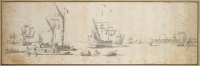 Dos doggers y un barco anclado en un puerto, c.1681 (grafito, aguada gris) de Willem van de the Elder Velde