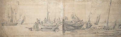 Two kaags ashore on the end of a hard, c.1643 (grafito, aguada gris) de Willem van de the Elder Velde