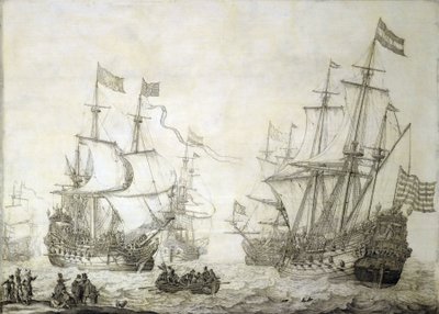 Dos barcos mercantes de la Compañía Holandesa de las Indias Orientales abandonan la costa con viento en calma. Grisalla sobre madera de Willem van de the Elder Velde