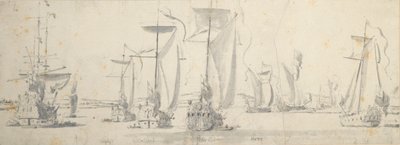 Visita de Carlos II al "Tigre" en Woolwich: Los yates doblando un recodo del río de Willem van de the Elder Velde