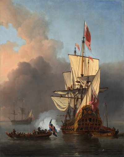 Un buque de guerra inglés lanza una salva de Willem van de the Younger Velde