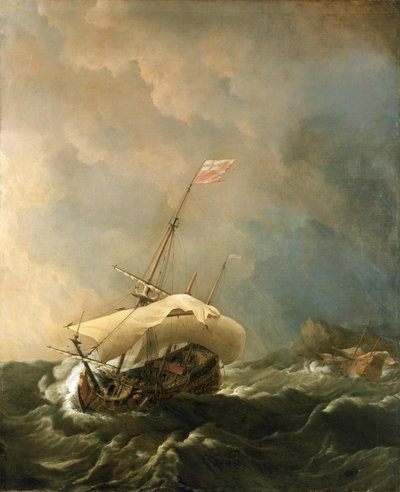 Barco británico con viento tempestuoso, intentando escapar de la costa rocosa. Óleo sobre lienzo de Willem van de Velde the Younger