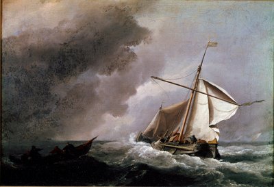 Barco holandés bajando velas esperando un bote salvavidas. Pintura de Willem Van de Velde el joven (1633-1707) 1660. Londres, National gallery de Willem van de Velde the Younger