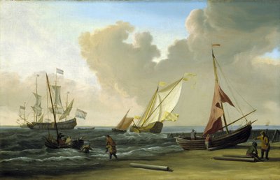Barco de pesca tirando de sus redes en la playa al viento, en la costa holandesa. Óleo sobre lienzo de Willem van de Velde the Younger