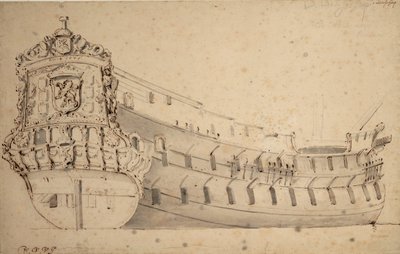 Retrato del "Ridderschap", de 66 cañones, del Almirantazgo del Mosa, construido en 1666 y perdido en el mar en 1690, c.1686 (grafito, aguada gris) de Willem van de Velde the Younger