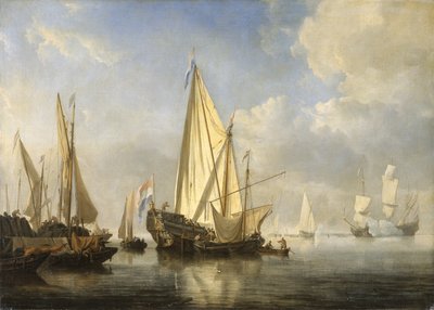 Barcos en calma con un yate estatal al final de un muelle de Willem van de Velde the Younger