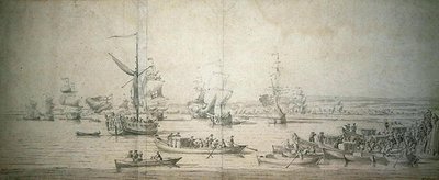 La llegada de James, duque de York, en el yate real en Chatham, para lanzar el buque de guerra de primera clase 