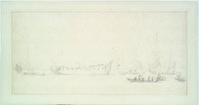 La botadura de un barco inglés, probablemente el "James Galley", c.1676 (grafito y aguada, gris) de Willem van de Velde the Younger