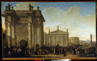Una procesión triunfal. Pintura de Willem van de Velde el Joven (1633-1707). Óleo sobre lienzo, arte holandés, estilo barroco. Museo Estatal al Aire Libre Palace Gatchina, San Petersburgo. de Willem van de Velde the Younger