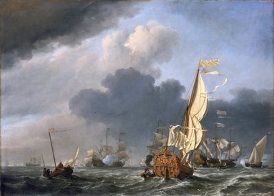 Yate con viento fuerte, intentando unirse a un grupo de barcos holandeses, probablemente la reunión de la flota holandesa frente a Texel (Holanda) en 1672. de Willem van de Velde the Younger